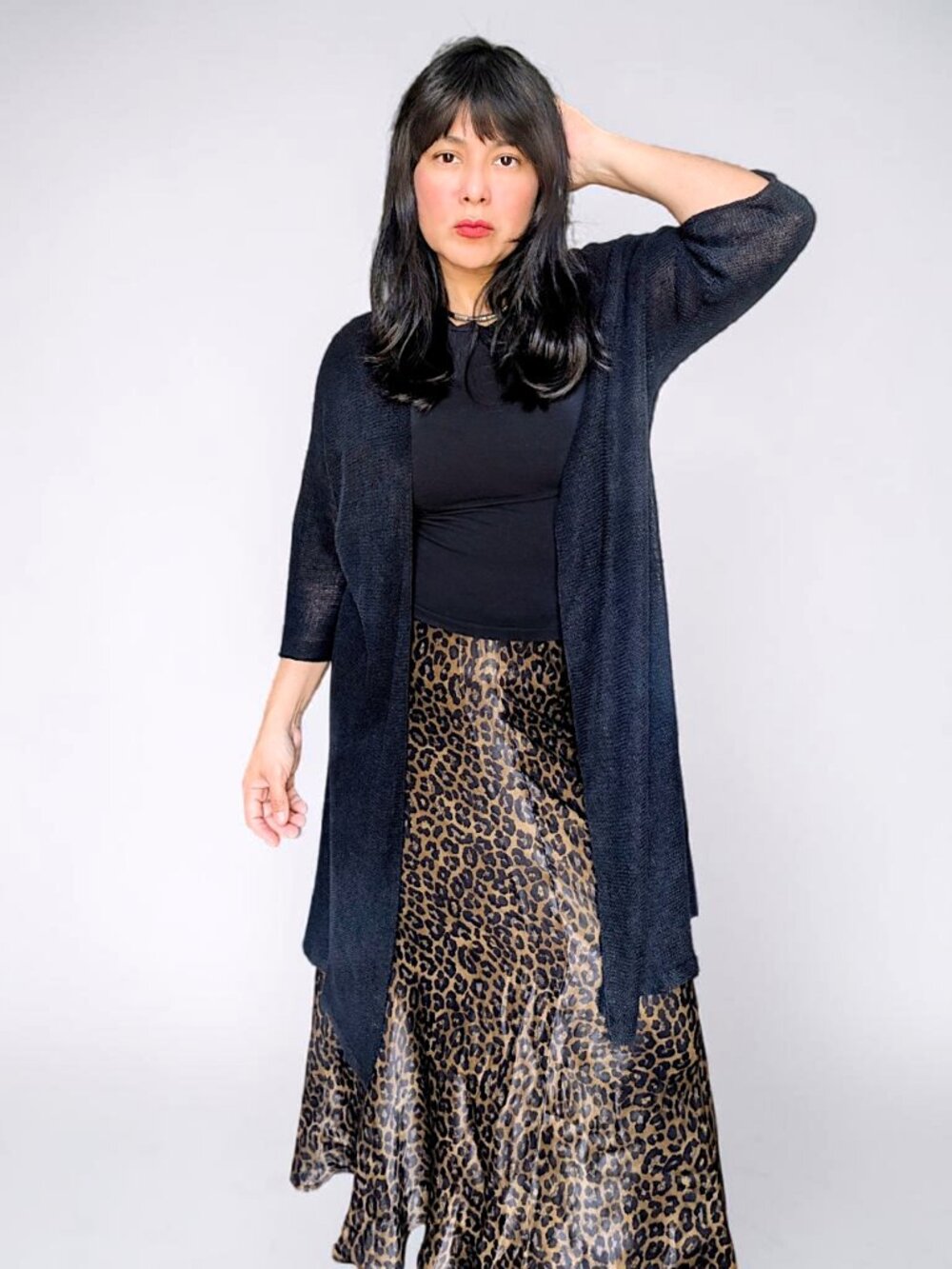 Eileen Fisher organic linen black minimalist fishnet semisheer long cardigan M